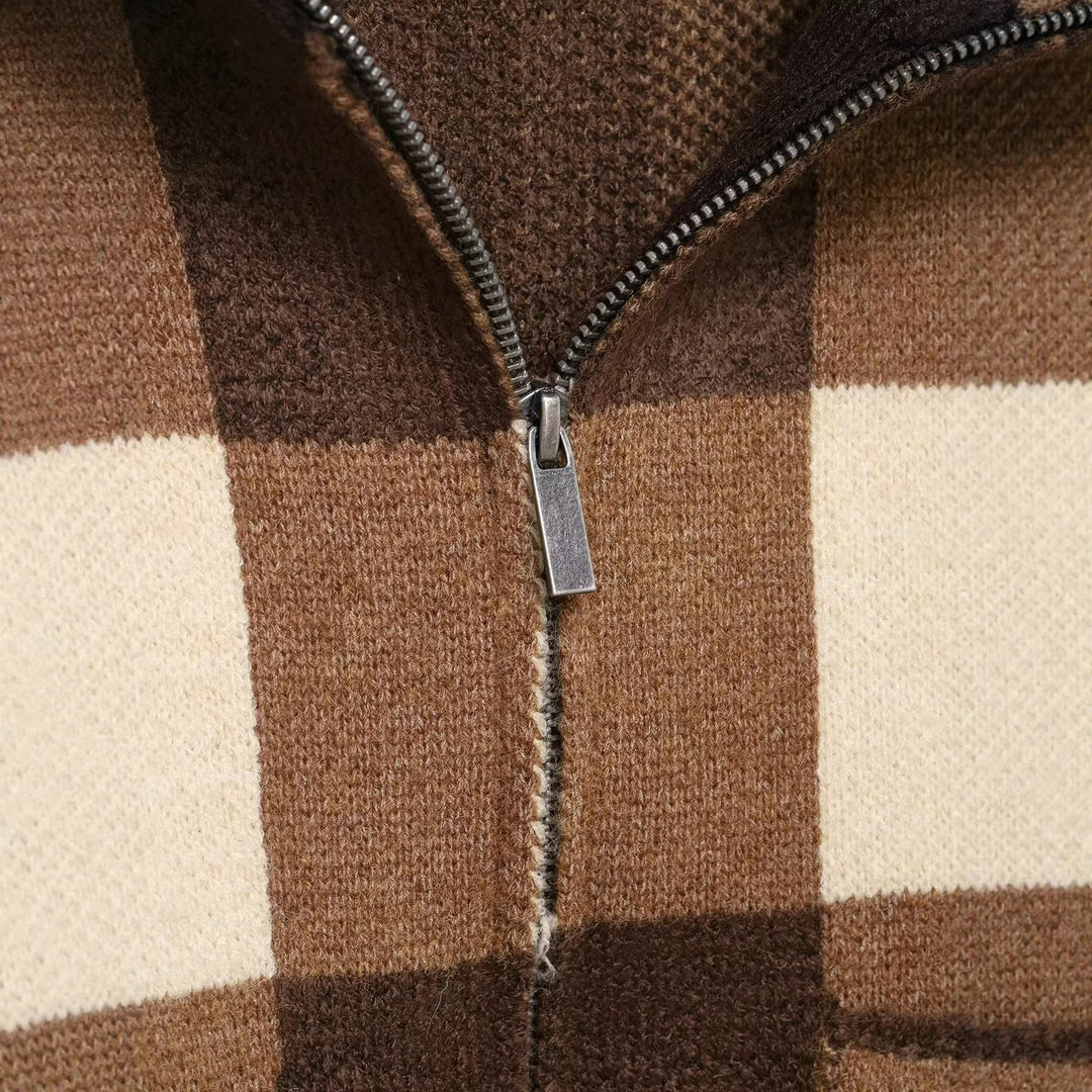 Damen Kariertes Strick-Cropped-Cardigan mit Reißverschluss und breitem Rippenkragen Echoarchiv