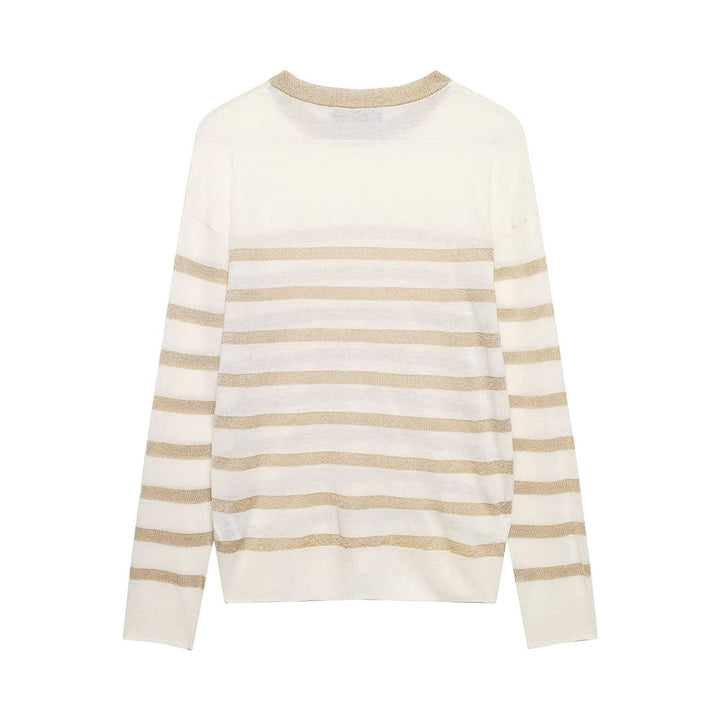 Damen Leichter gestreifter Feinstrickpullover mit Metallic‑Streifen und Rundhalsausschnitt Echo Archiv