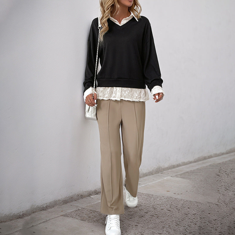 Damen Layered-Feinstrickpullover mit V-Ausschnitt und integriertem Spitzenbluseneinsatz Echoarchiv