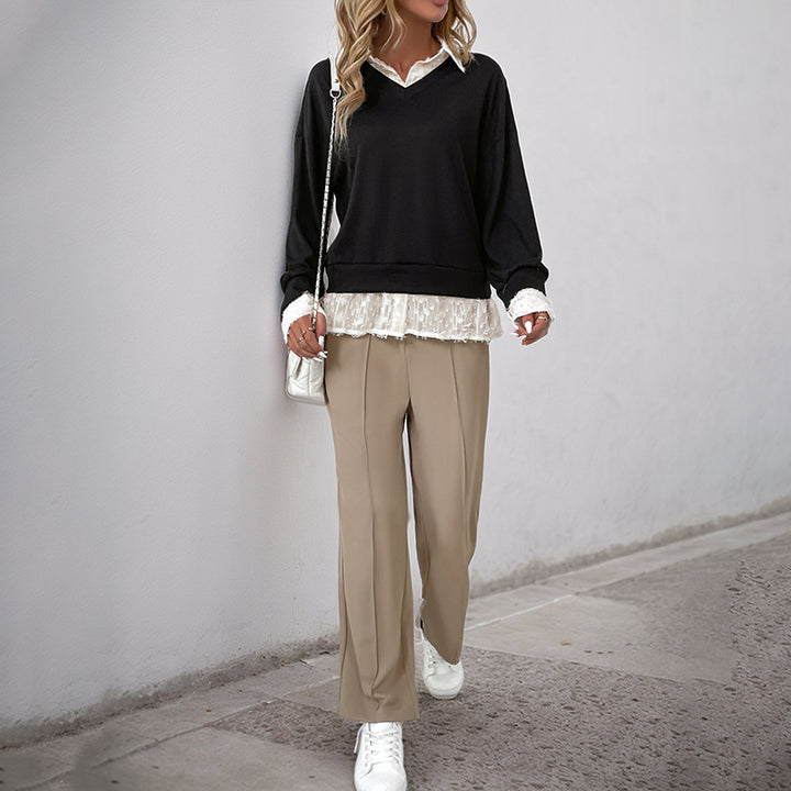 Damen Layered-Feinstrickpullover mit V-Ausschnitt und integriertem Spitzenbluseneinsatz Echoarchiv