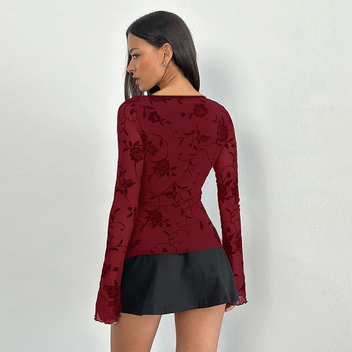 Damen Tailliertes Langarmshirt mit V‑Ausschnitt und Spitzenbesatz – Avérine
