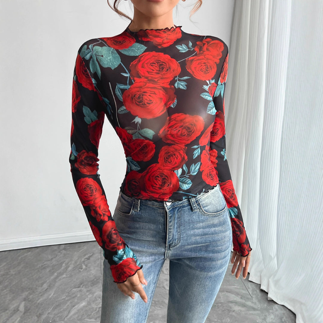 Damen nan figurbetontes Netz-Langarmshirt mit Rosenmotiv, Stehkragen und Wellensaum Echo Archiv