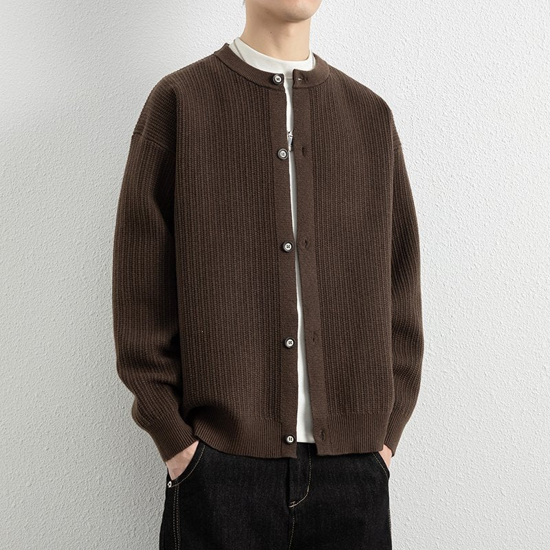 Herren Locker geschnittene Strukturstrick-Cardigan mit Rundhals und Knopfleiste Echo Archiv