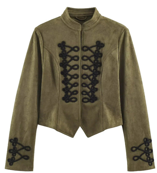 Damen Kurz geschnittene Wildlederjacke im Military‑Look mit Stehkragen und dekorativer Kordelfrosch‑Applikation Echo Archiv