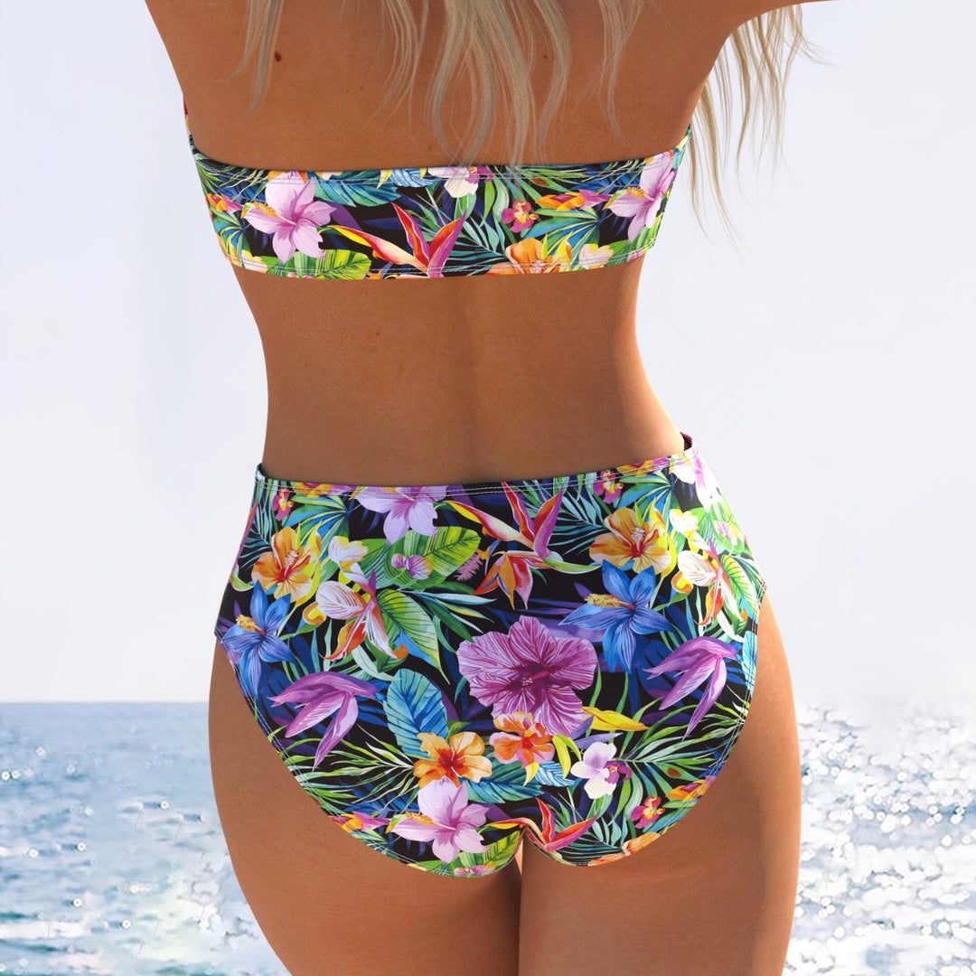 Damen Bandeau-Bikini mit hohem Taillenschnitt und buntem Tropenmotiv Echo Archiv
