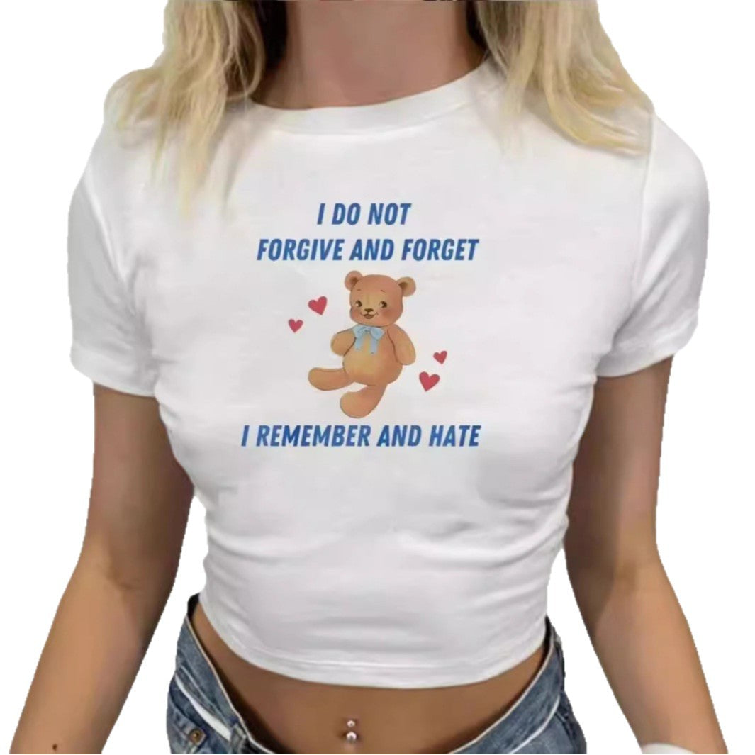 Damen Crop-T-Shirt mit kreativem Bärenmotiv und witzigem Spruch Echo Archiv