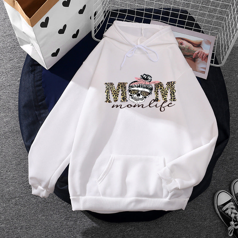 Damen Kapuzenpullover mit "Momlife" Skull-Print, Kängurutasche, weichem Fleece-Innenfutter und lockerer Oversize-Passform – Auréline