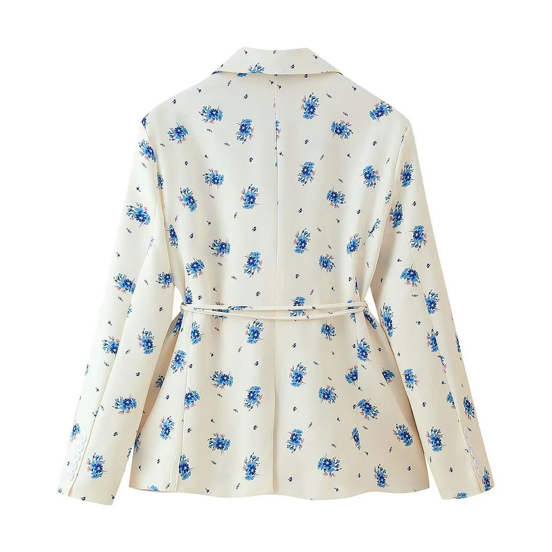 Damen floraler Blazerjacke mit Bindegürtel, Pattentaschen und Schalkragen – Valéne