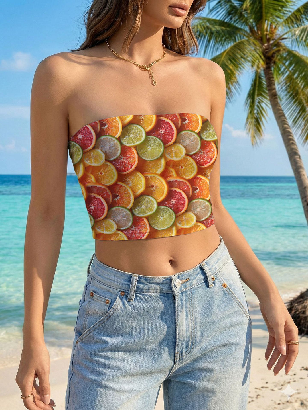 Damen Bandeau-Top mit floralem Vogelmotiv und elastischer Passform Echo Archiv