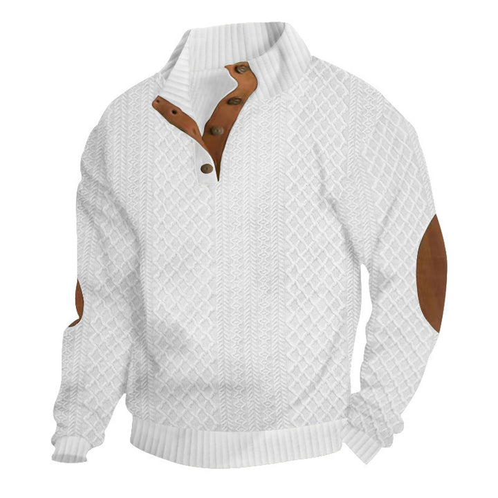 Herren Strukturierter Aran-Strickpullover mit halbem Knopfleistenkragen und Leder-Ellbogenpatches Echoarchiv