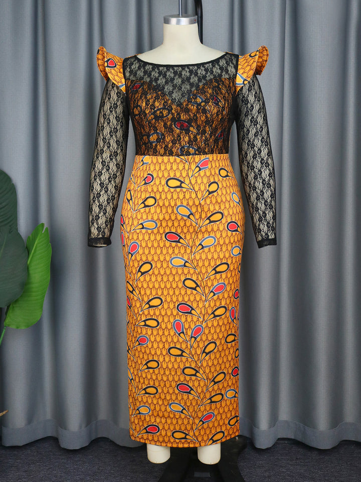Damen Elegantes Langarmkleid mit floralem Muster und transparenter Spitzeneinlage Echo Archiv