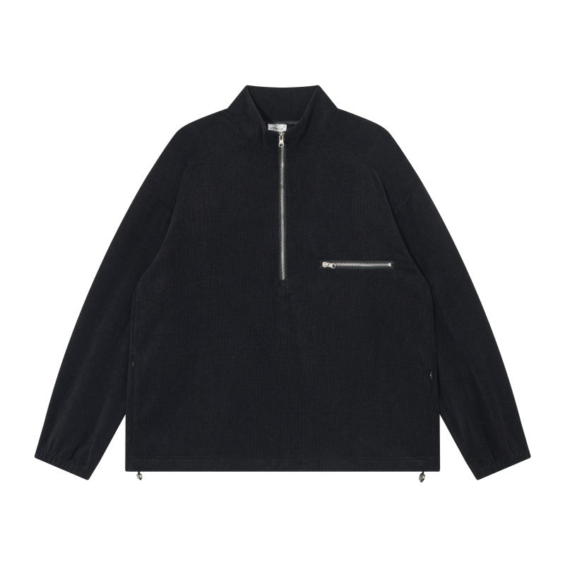 Unisex Oversize Halbzip-Pullover aus Cord‑Mix mit Brust-Reißverschlusstasche und Kordelzugsaum Echoarchiv