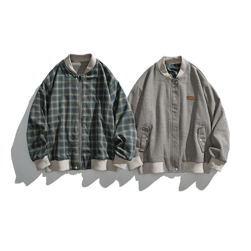 Unisex Boxy-Bomberjacke im Fischgrät-Look mit Rippbündchen, Pattentaschen und verdeckter Druckknopfblende Echo Archiv