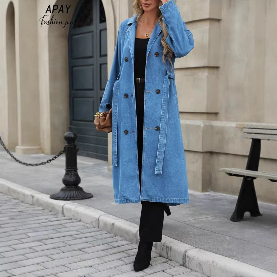 Damen Langer Denim-Trenchcoat mit Bindegürtel und Raglanärmeln Echo Archiv