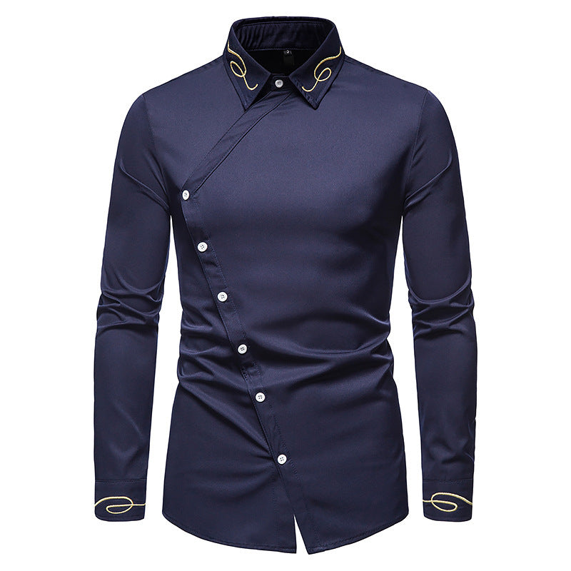 Herren Elegantes Langarmhemd mit asymmetrischem Knopfdesign und gesticktem Kragen Echoarchiv