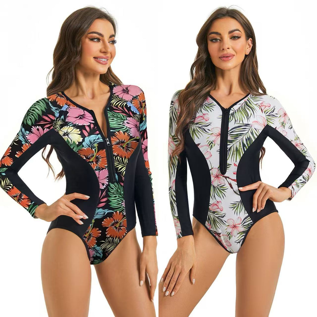 Damen Sportlicher Langarm Badeanzug mit floralem Grafikdesign Echo Archiv
