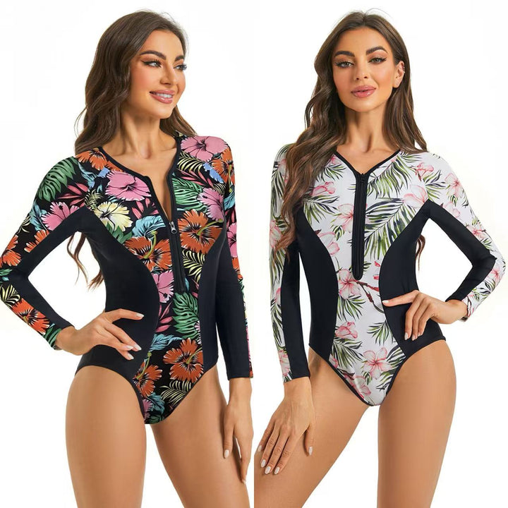Damen Sportlicher Langarm Badeanzug mit floralem Grafikdesign Echo Archiv