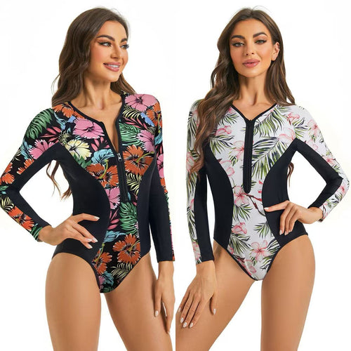 Damen Sportlicher Langarm Badeanzug mit floralem Grafikdesign Echo Archiv