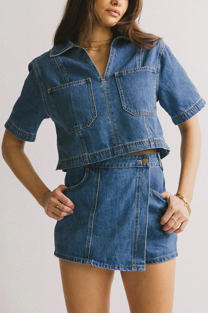 Damen lässiges Denim-Kurzjacken-Set mit passendem Rock Echo Archiv
