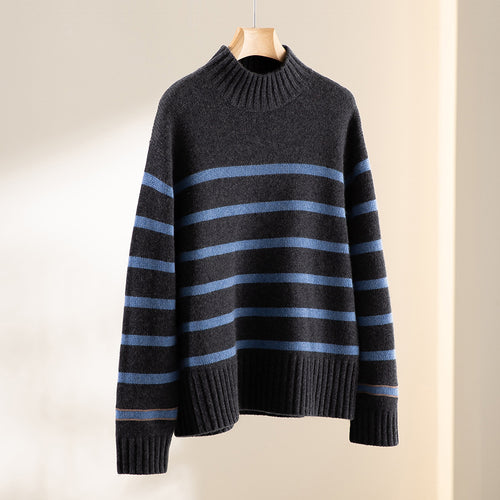 Damen Gestreifter Feinstrick-Pullover mit halbhohem Rippkragen und geripptem Saum Echoarchiv