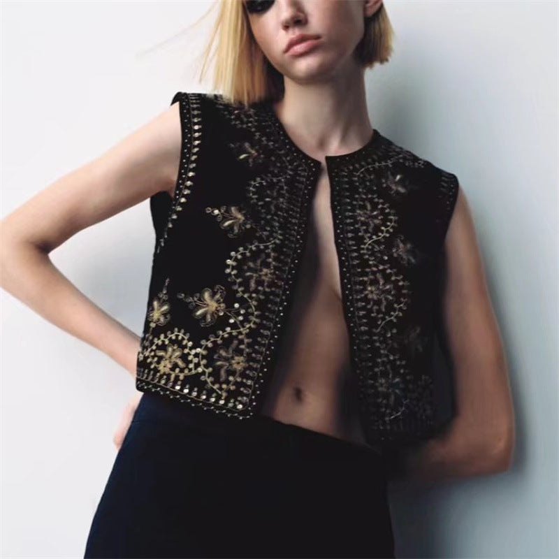 Damen Bestickte Samt-Cropped-Weste mit Perlen- und Paillettenbesatz Echoarchiv