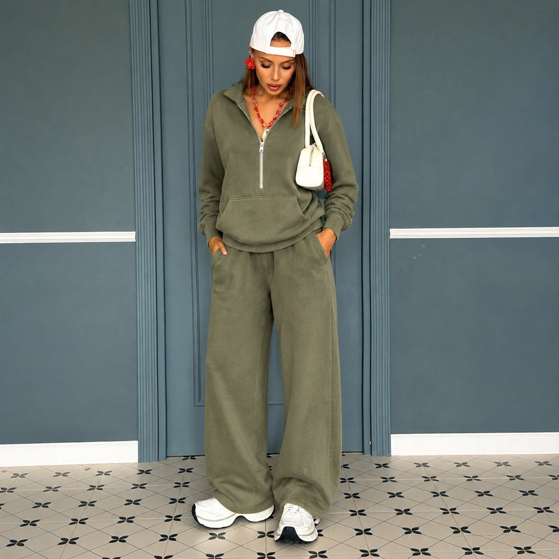 Damen lässiges Zip-Sweatset mit Polokragen und weitem Jogger-Schnitt – Avérine