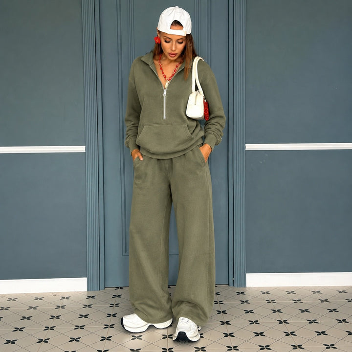 Damen lässiges Zip-Sweatset mit Polokragen und weitem Jogger-Schnitt – Avérine