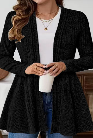 Damen Offener Feinstrick-Cardigan mit Rippstruktur, tailliertem Schnitt und schwingendem Saum – Veloura