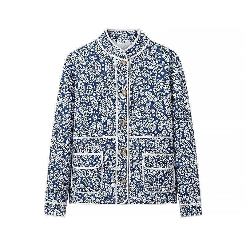 Damen gesteppte Übergangsjacke mit Stehkragen, Paisley‑Print und Kontrastpaspel Echo Archiv