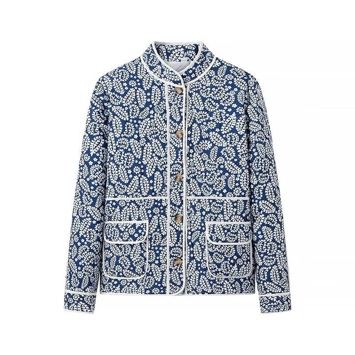 Damen gesteppte Übergangsjacke mit Stehkragen, Paisley‑Print und Kontrastpaspel Echo Archiv