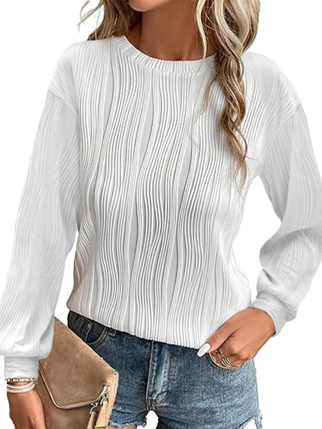 Damen Fein plissiertes Langarmshirt mit Rundhalsausschnitt und strukturierter Wellenoptik – Élovi