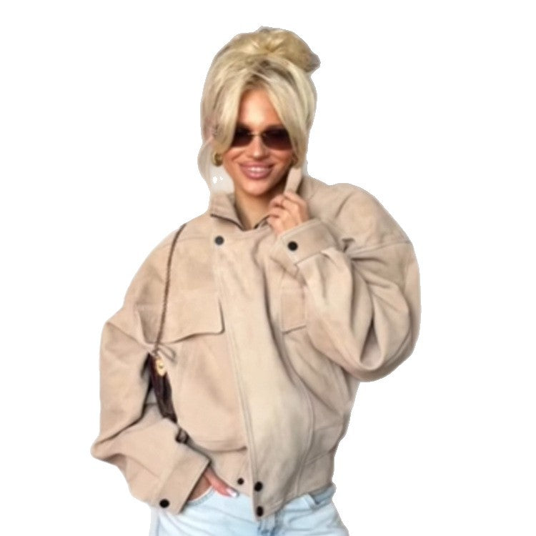 Damen Oversize Wildlederoptik Jacke mit Pattentaschen und Stehkragen Echoarchiv