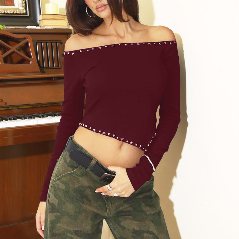 Damen Asymmetrisches Off-Shoulder-Crop-Top mit langen Ärmeln und Nietenbesatz – Avérine