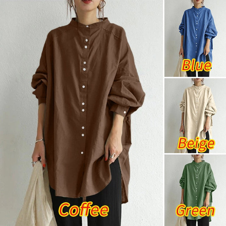 Damen nan lässige Oversize-Tunika-Hemdbluse mit Stehkragen, durchgehender Knopfleiste und seitlichen Schlitzen Echo Archiv