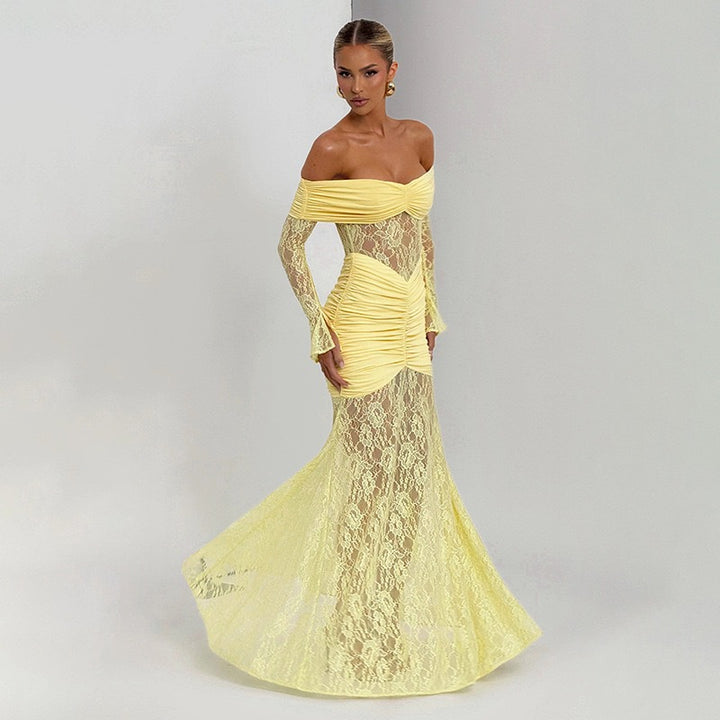 Damen Elegantes Langarm-Spitzenkleid mit Raffungen und schulterfreiem Design Echo Archiv