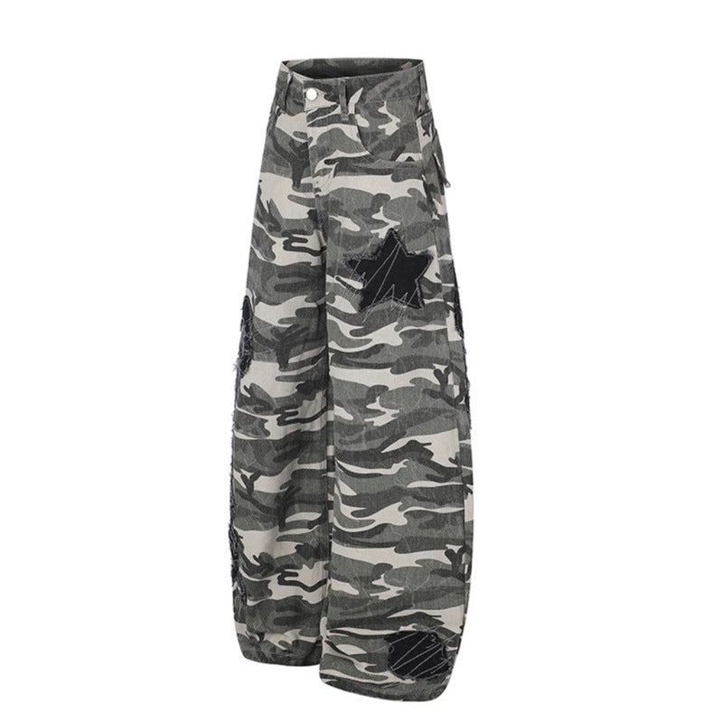 Damen Weite Camouflage‑Palazzo‑Hose mit Ballon‑Saum und dekorativen Stickdetails Echoarchiv