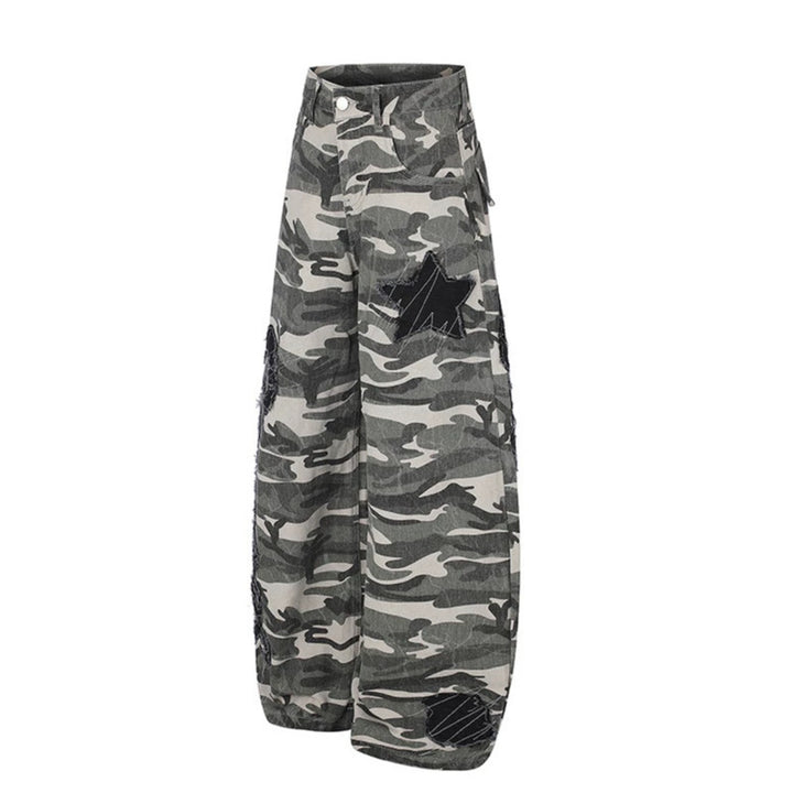 Damen Weite Camouflage‑Palazzo‑Hose mit Ballon‑Saum und dekorativen Stickdetails Echoarchiv