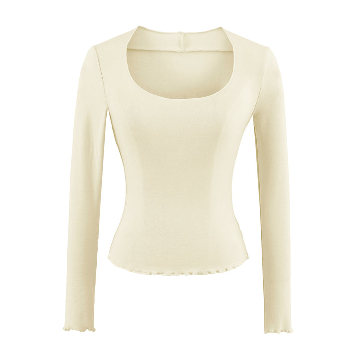 Damen Figurbetontes Langarm-Feinstrickshirt mit quadratischem Ausschnitt und Wellensaum Echoarchiv