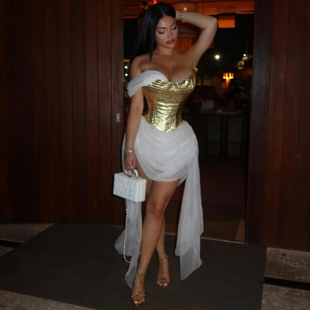Damen Elegantes asymmetrisches Cocktailkleid mit goldenen Akzenten Echo Archiv