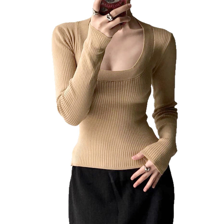 Damen Enganliegendes geripptes Langarmshirt mit tiefem U-Ausschnitt Echo Archiv