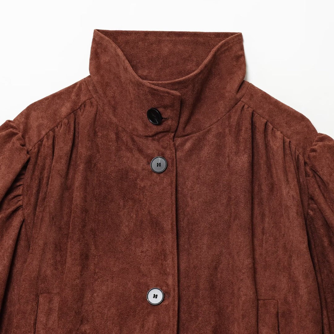 Damen Kurzjacke aus Velourslederimitat mit Stehkragen, gerafften Balloonärmeln und Knopfleiste Echo Archiv