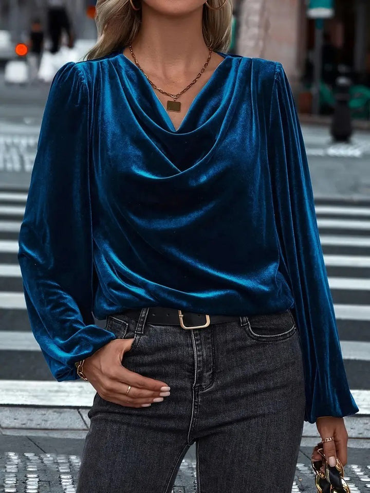 Damen Drapiertes Samtblusenshirt mit Wasserfall‑Ausschnitt und Puffschultern Echoarchiv