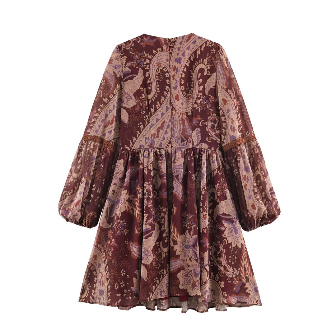 Damen Boho-Minikleid mit V-Ausschnitt, Spitzenbesatz und Ballonärmeln Echoarchiv