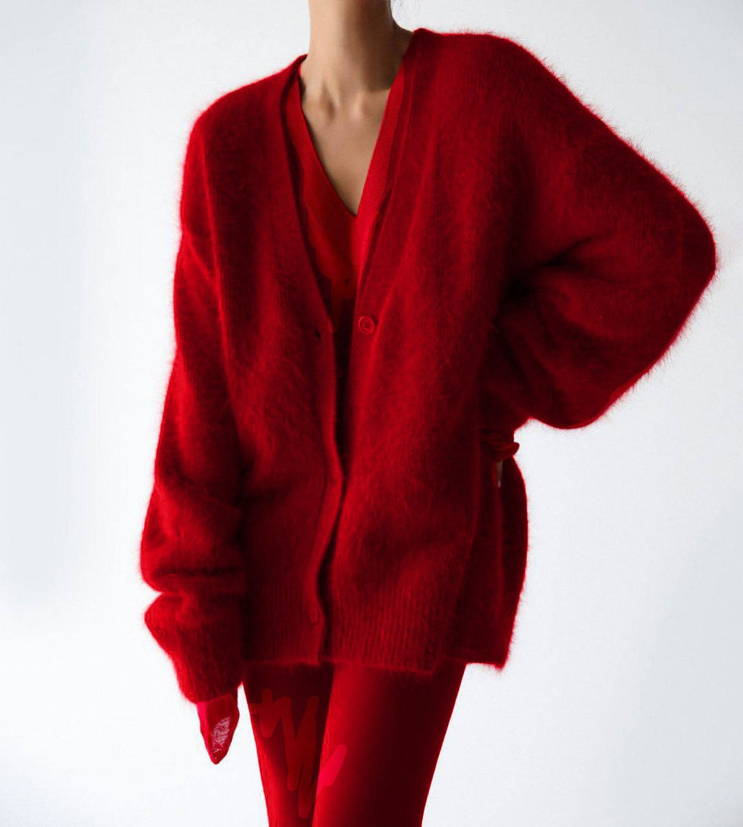 Damen Flauschige Mohair-Optik Strickjacke mit V-Ausschnitt und Oversize-Schnitt Echoarchiv