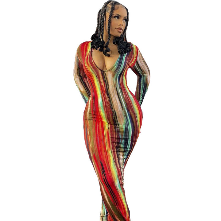 Damen Enganliegendes Maxikleid mit langen Ärmeln und abstraktem Streifenmuster Echo Archiv