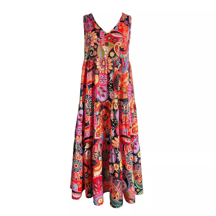 Damen nan stufenförmiges Boho-Maxikleid mit V-Ausschnitt und geraffter Unterbrustnaht Echo Archiv