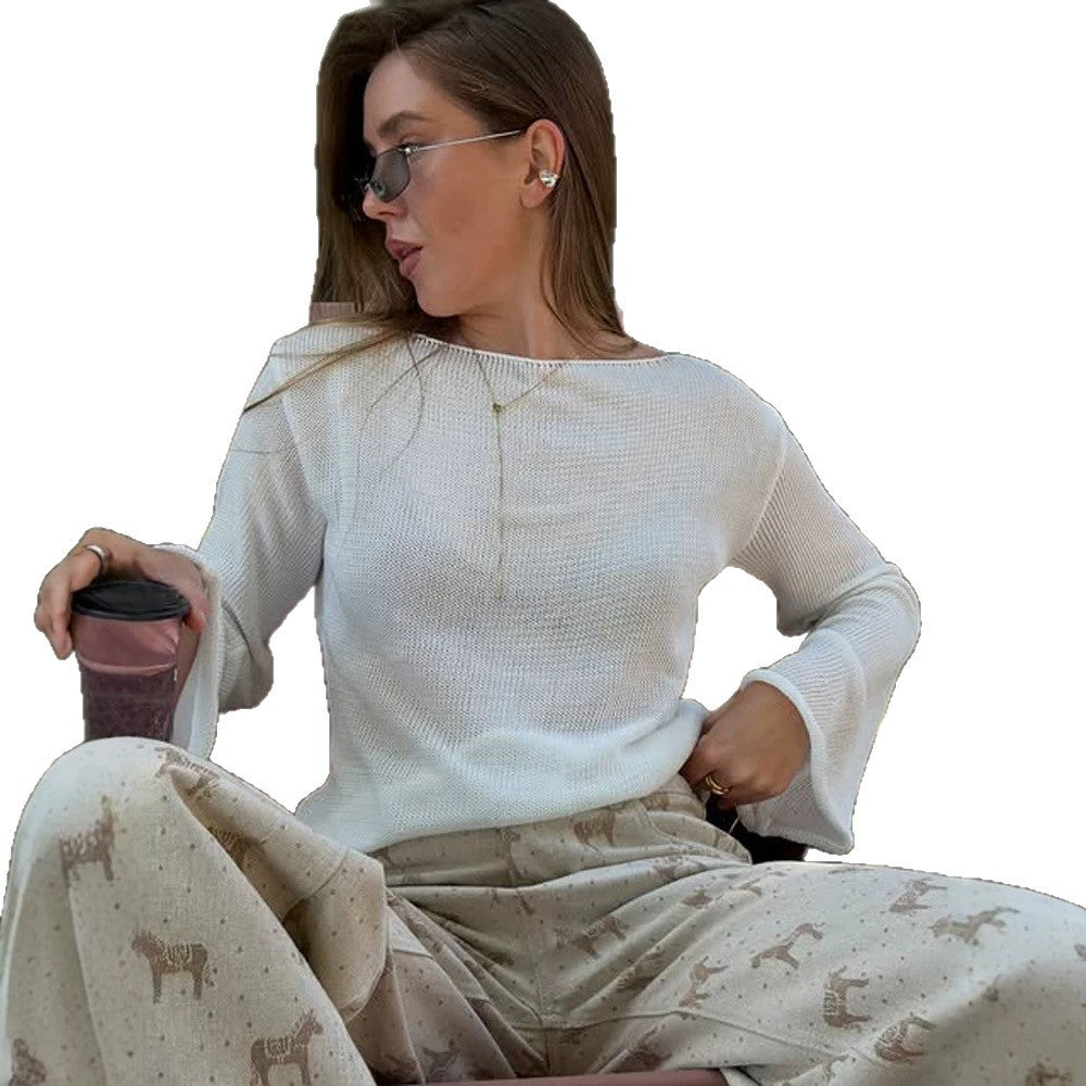 Damen Grobstrick-Pullover mit weitem U-Boot-Ausschnitt & extraweiten Trompetenärmeln Echoarchiv