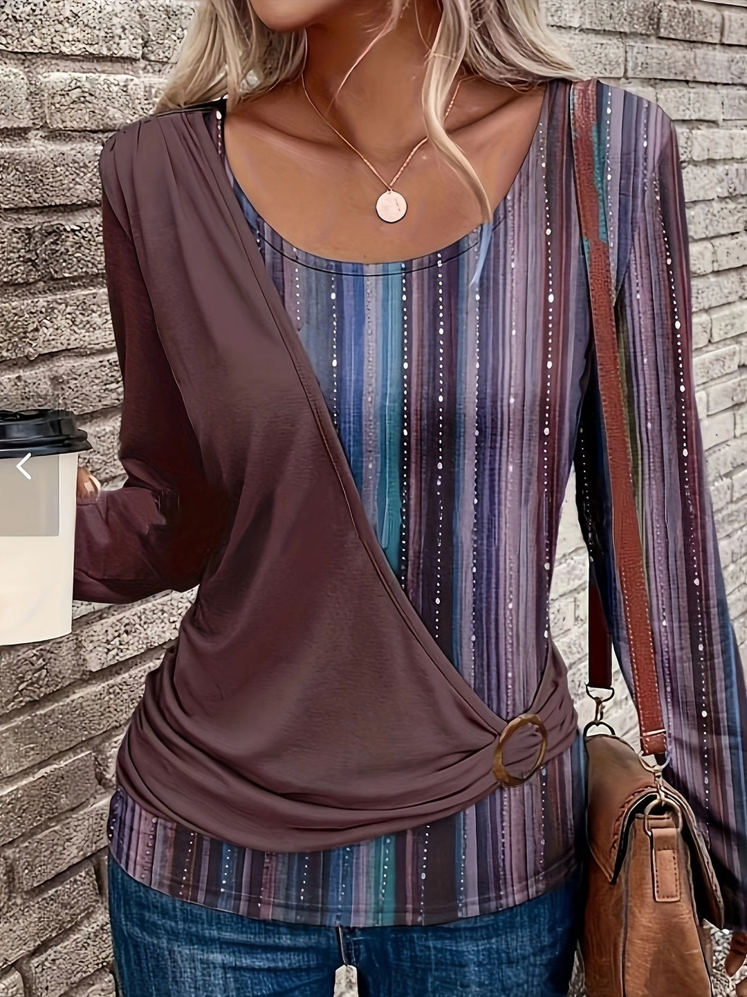 Damen Lagenlook Wickel‑Shirt mit asymmetrischer Drapierung und gestreiftem Unterteil – Orélia