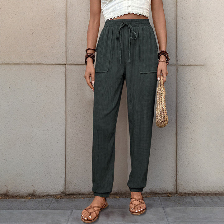 Damen Lockerer Leinenoptik-Joggerhose mit hohem Gummibund, Tunnelzug, aufgesetzten Taschen & elastischen Bündchen Echoarchiv