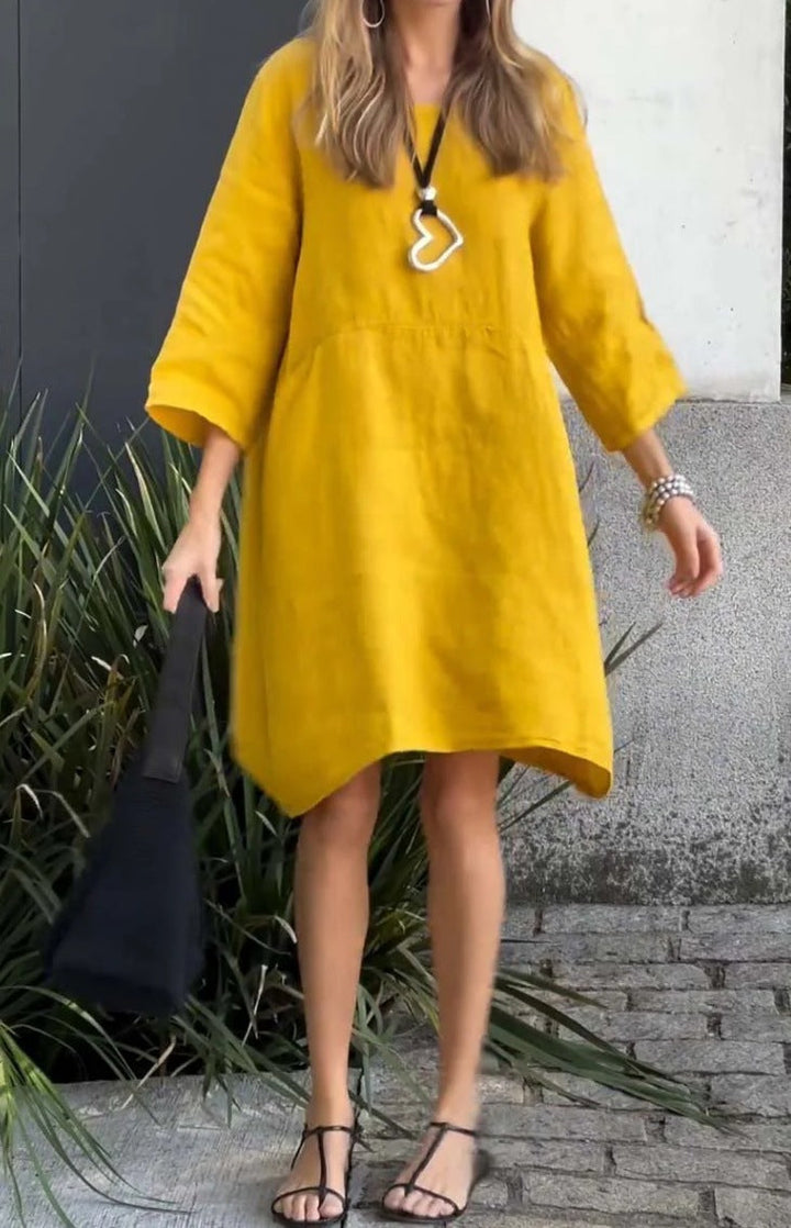 Damen lässiges Leinenkleid mit praktischen Taschen und asymmetrischem Saum Echoarchiv